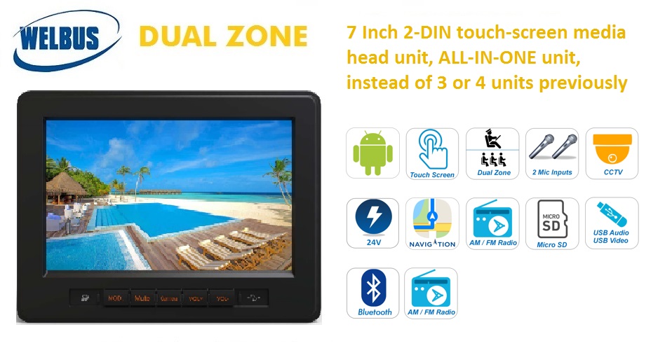 7 inch touch-screen Android-based multimedia head unit for buses and coaches